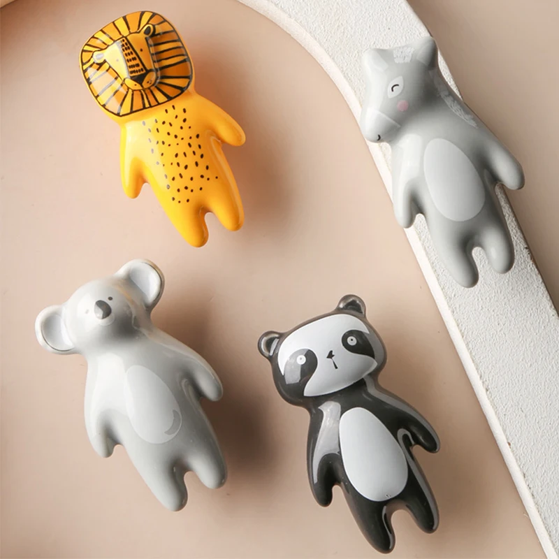 Ceramic Cartoon Handles for Cabinets and Drawers Animal Drawer Knobs Lion Suitcase Handle Panda Fox Children Handles for Drawers