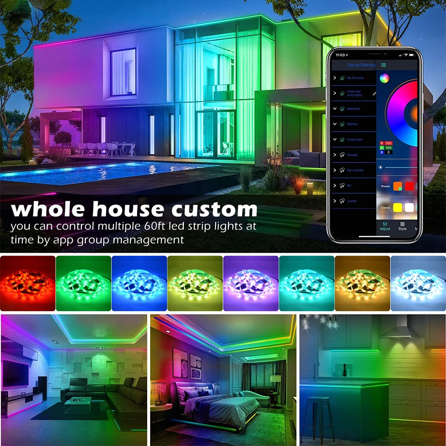 Smart Bluetooth LED Strip Lights, Impermeável Flexível, Cortável, Fita RGB, Sincronização de Música, Retroiluminação Temporizada, 5m, 10m, 20m, 30m