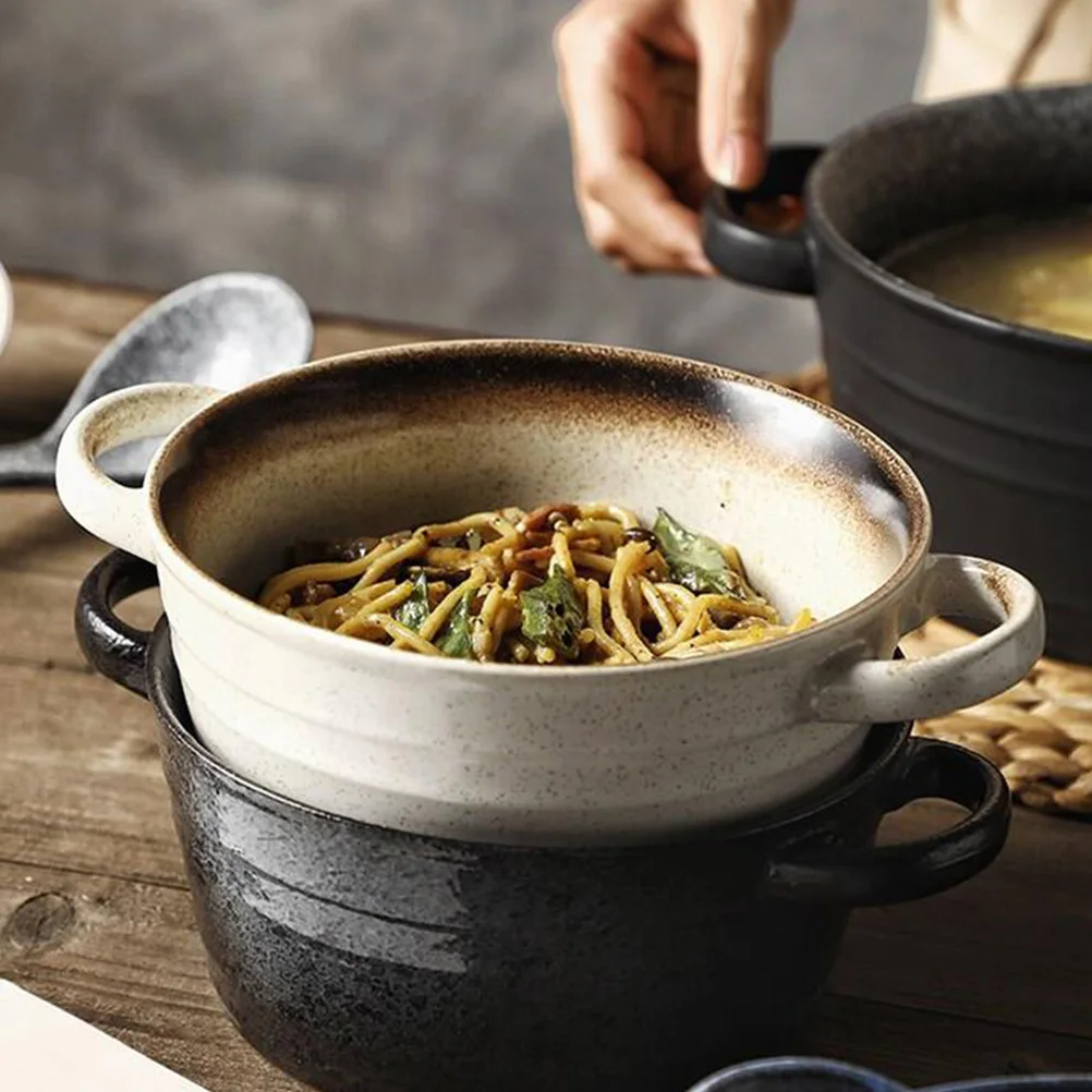 

Salad Bowls Food Container Japanese Style with Handle White Ceramic