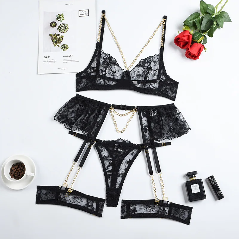 Yimunancy 4-Piece Gold Chain Embroidery Lingerie Set Women Black Transparent Sexy Exotic Set Fancy Garter Kit