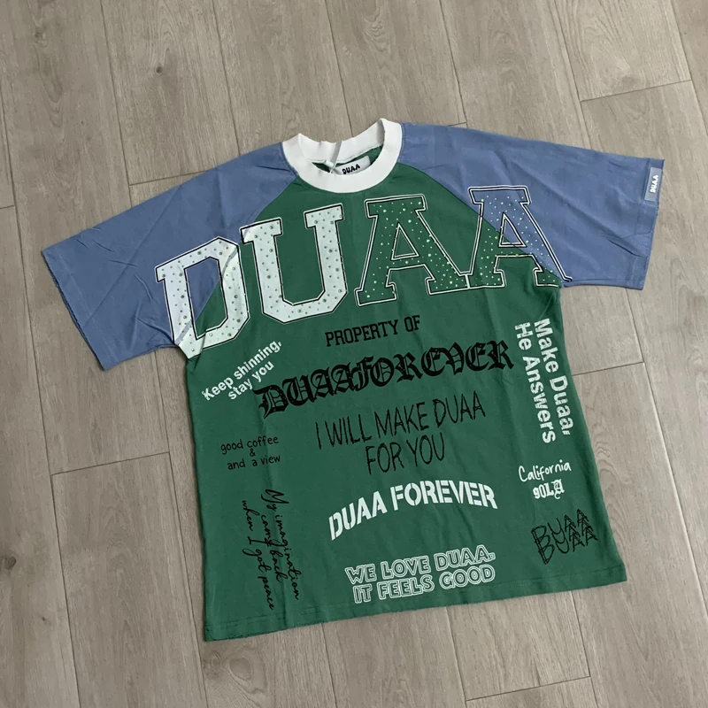 Trend Brand New Duaa Tee High-quality Color Blocking Letter Hot Stamping Print Real Photo DUAA T-shirt Men Women Stock