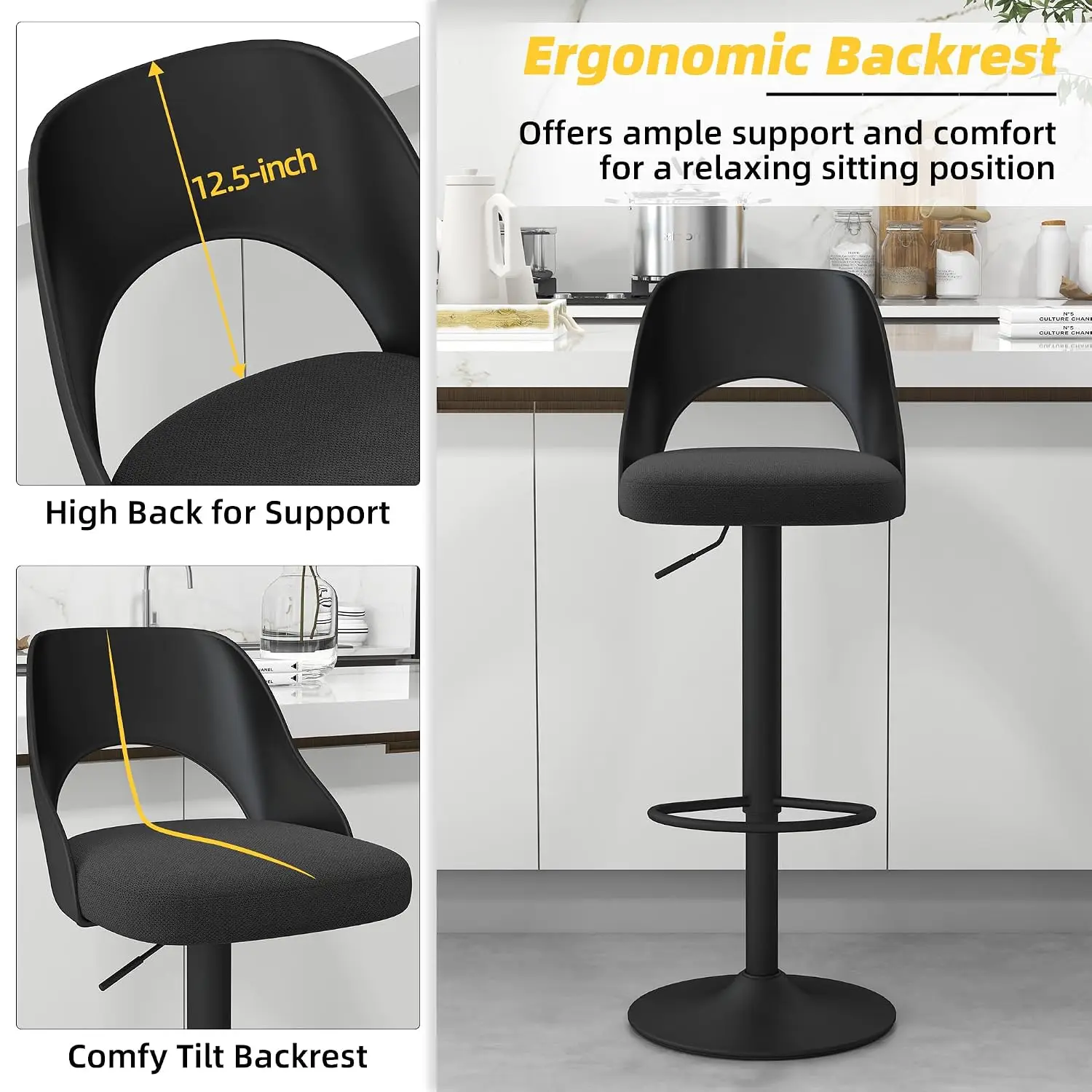 Kitchen Bar Stools With Back Set Of 6 Black Cotton Linen Metal Base, Customized