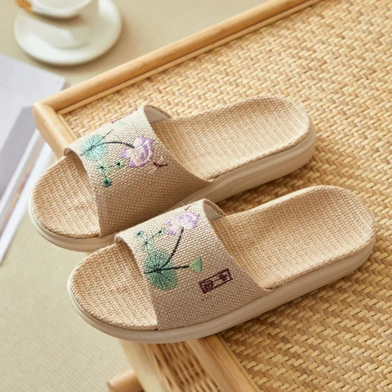 Flax Slippers Women's Open Cotton and Linen Thick-Soled Embroidery Comfortable Deodorant Feet Couple Floor Home Slippers image 4