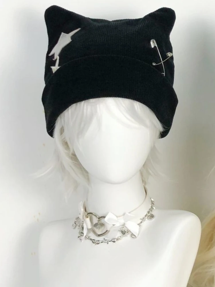 Y2k Aesthetic Knitted Kawaii Cute Cat Ears Hat Autumn Winter Sweet Star Warm Bucket Hats Harajuku Vintage Cap Japanese All Match image 4