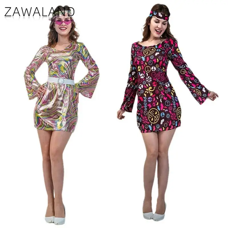 

Zawaland 70-х 80-х годов винтажный костюм хиппи для взрослых платье на Хэллоуин с платком женский наряд для вечеринки в стиле хип-хоп танцор сценическое шоу комплект