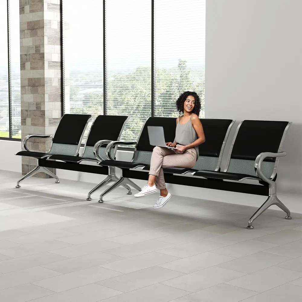 

5-Seat Waiting Room Chairs - Modern Office Reception Chair with Armrest for Airport, Hospital, Bank (Black - PU + Mesh)