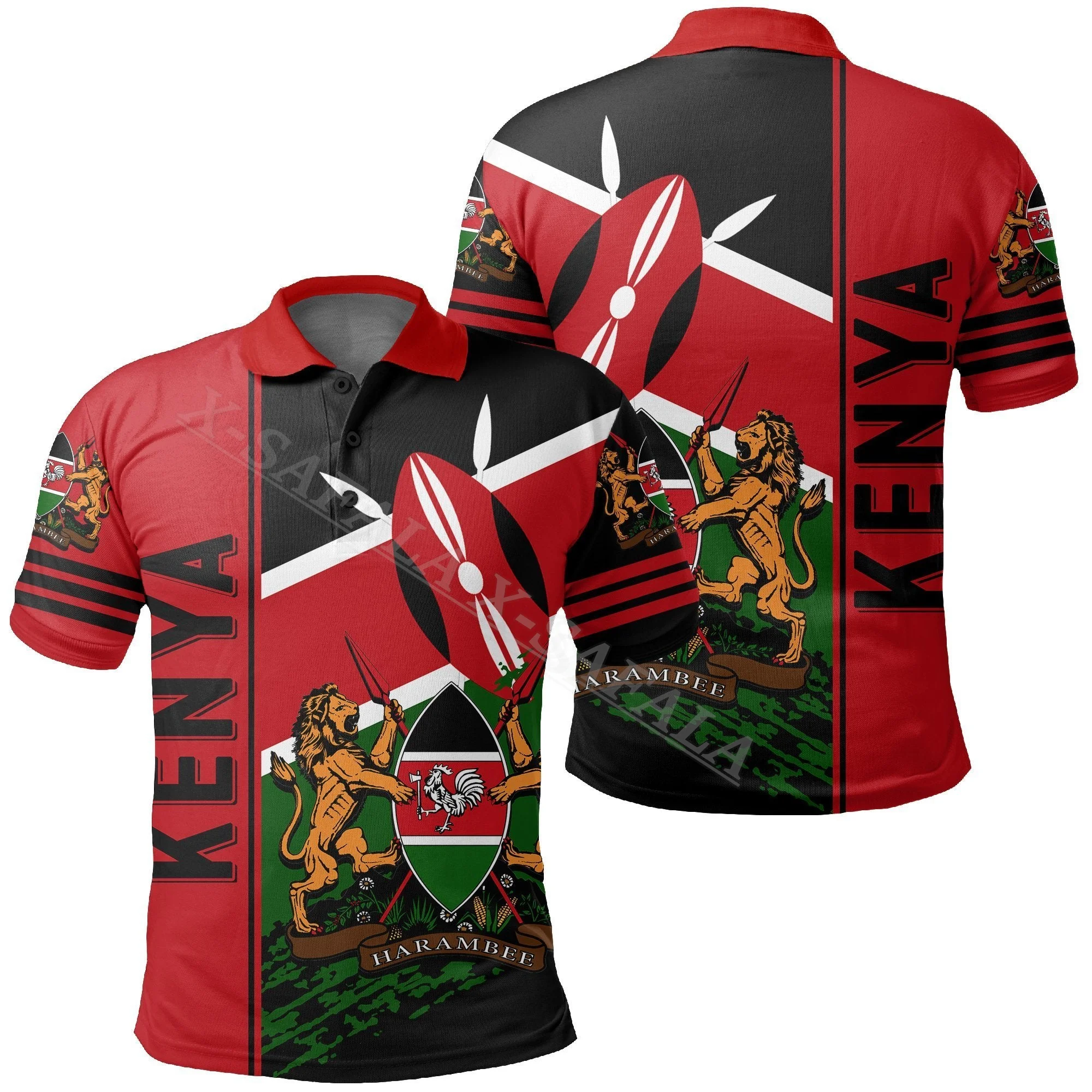 Kenya National Flag and Emblem 3D Print Polo Shirt Mens Collar Short Sleeve Streetwear Casual Top New Summer Shirt-1