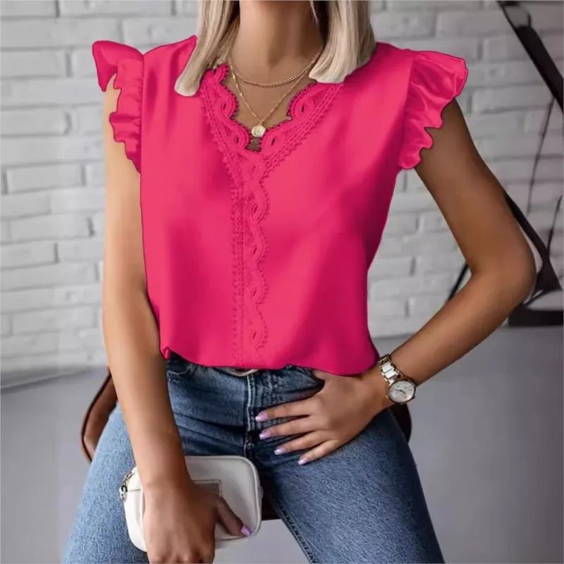 

Elegant Ruffles Sleeve Shirts & Blouses 2024 Summer New V-neck Splic Solid Color Blouse Simples Style Casual Thin Women Tops