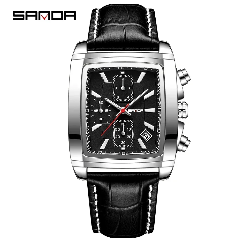 SANDA Orologio da uomo al quarzo rettangolare luminoso con cronografo analogico da lavoro con elegante cinturino in pelle per orologio da polso sportivo da lavoro