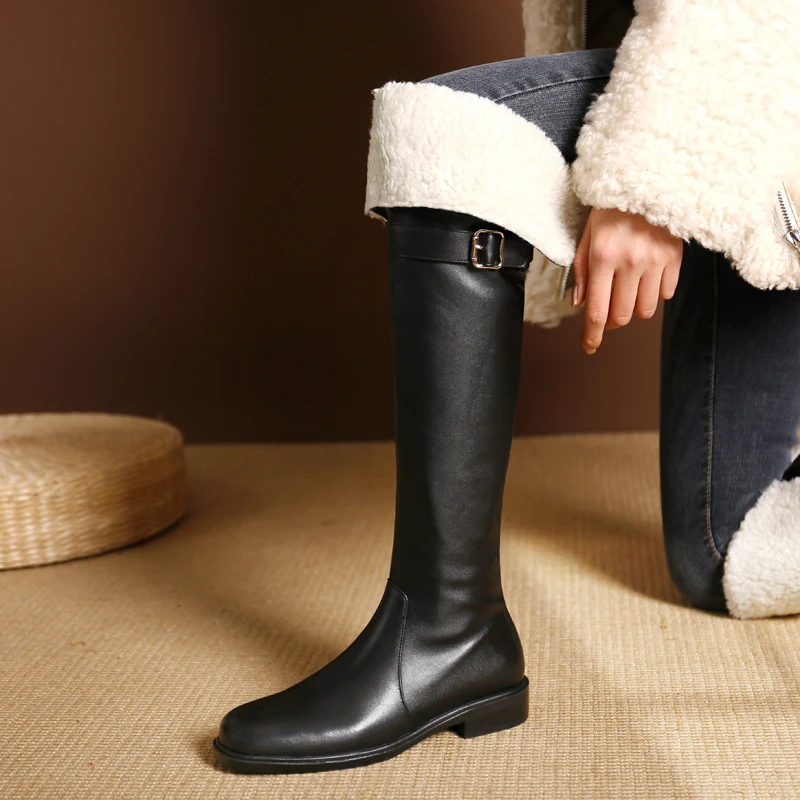 MoonMeek 2023 New Genuine Leather Over The Knee Boots Ladies Zipper Winter Boots Woman Square Med Heels Platform Shoes