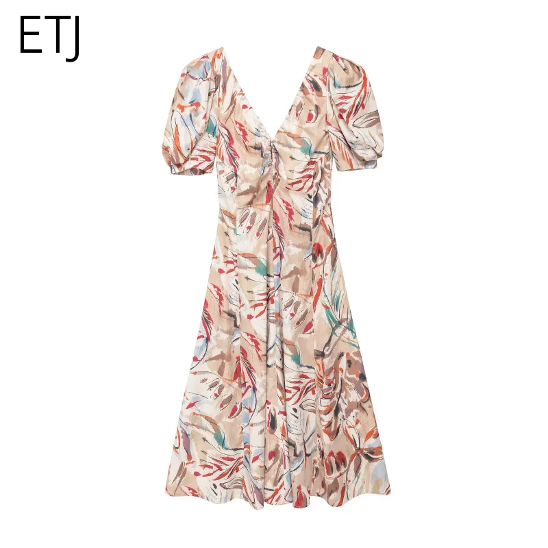 ETJ Damen 2026 Frühling Tropischer Print Midikleid Puffärmel V-Ausschnitt Wickel-A-Linien-Kleid Elegante Boho Urlaubs-Strandkleidung