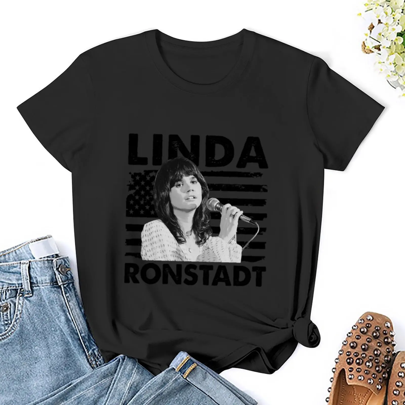 Retro American Flag Linda Ronstadt Music Gift T-Shirt cute clothes summer top white t shirts for Women