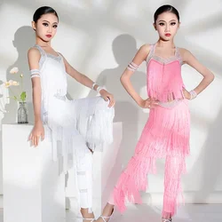 Girls Latin Dance Costume Kids Competition Clothes Rhinestone Tassel Tops Pants Cha Cha Rumba Samba Performance Wear
