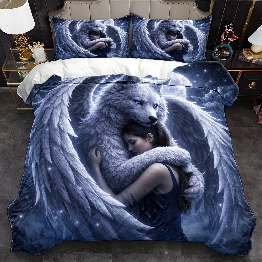 3Pc Angel Wings Wolf Hug Girl Duvet Cover Set, Three-Piece Bedding Set (1*Duvet Cover + 2*Pillowcases), Suitable for All Seasons, Machine Washable Bedding, Invisible Zipper Double Bed Cover, Suitable for Home, Dormitory, Master Bedroom, Guest Room, Large Duvet Cover Set, Dreamy Starry Sky Wolf-Themed Bedding, Hot-Selling Comfortable Skin-Friendly Bedding Set, Nordic Style Ins Bedroom Bedding Three-Piece Set, Durable and Easy-Care Bed Cover Set 2D Flat Print