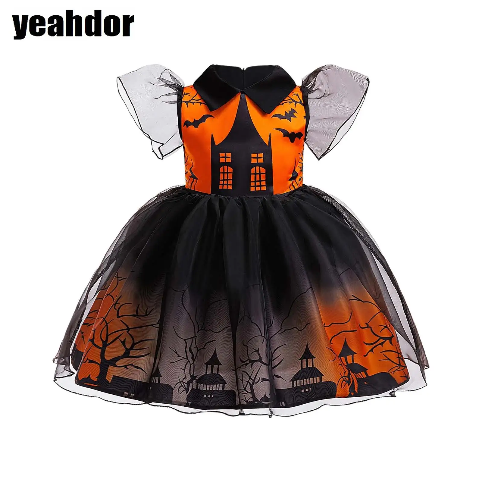 

Girls Halloween Witch Cosplay Pumpkin Costume Cartoon Print Tulle Tutu Dress Spider Web Print Dress Vampire Princess Dress Up