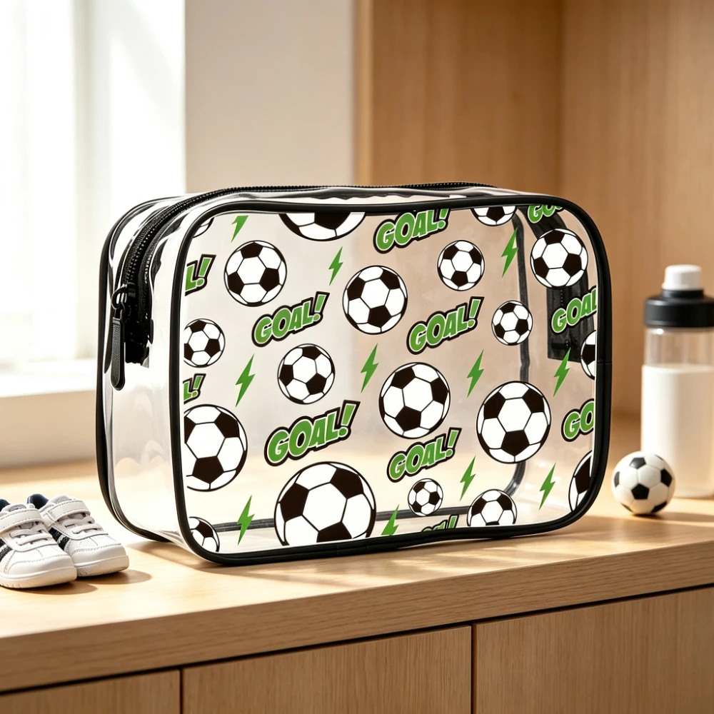 Soccer Ball Clear Toiletry Bag Goal Print Transparent PVC Zipper Pouch Travel Makeup Case Sports Storage Boys Gym Accessories