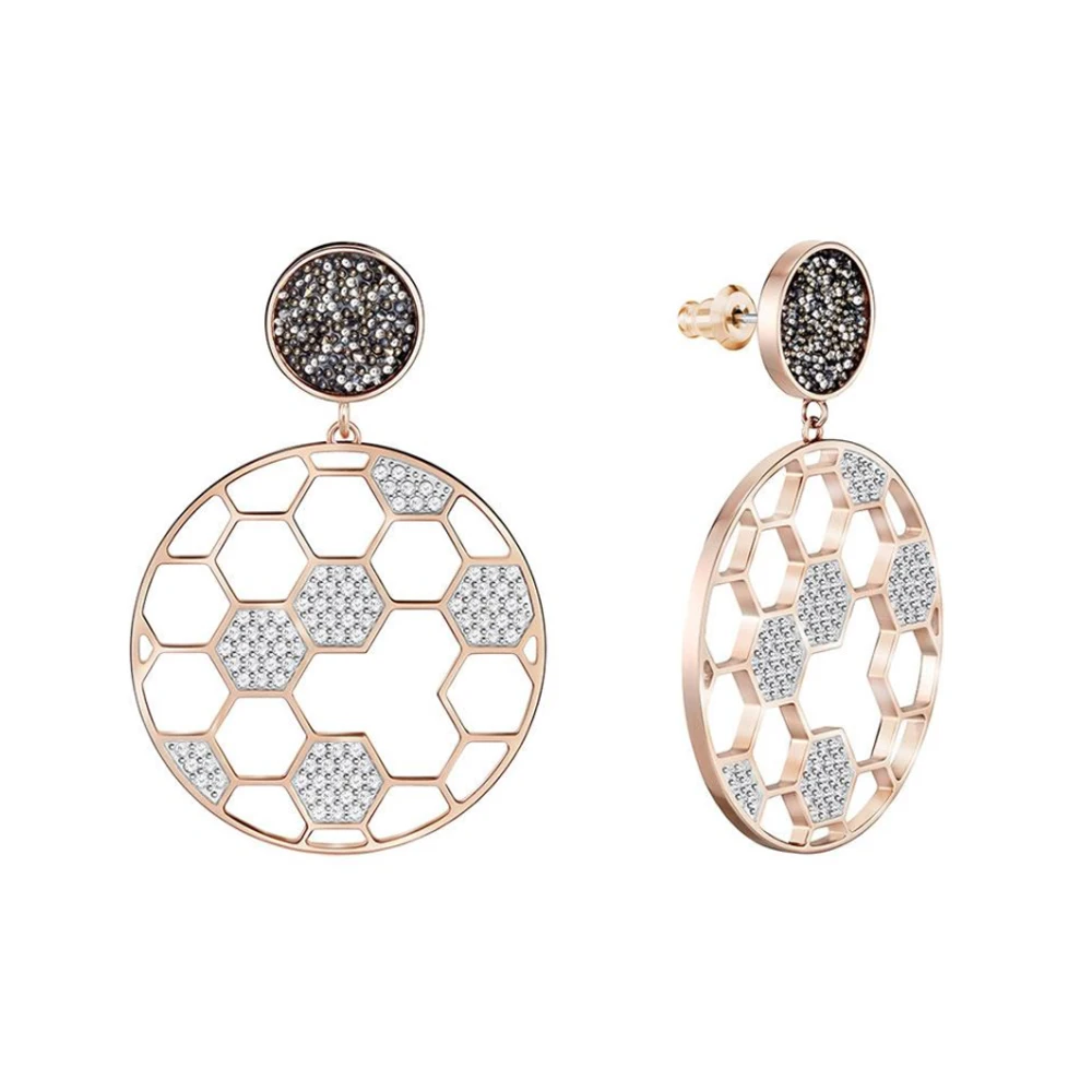 

Rose Gold Plated Honeycomb Drop Earrings – Black Crystal Pave Disc & White Crystal Accents