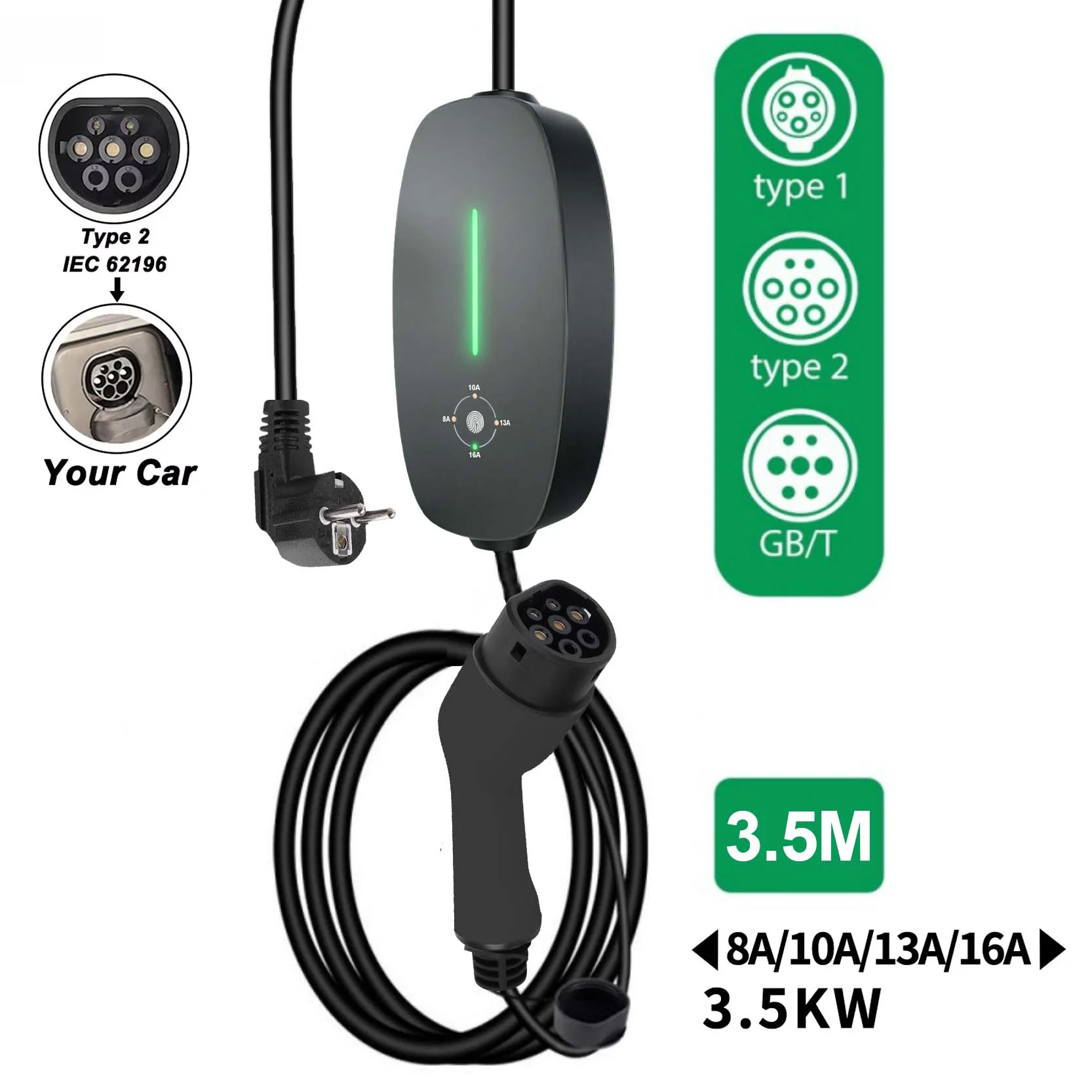 Teschev draagbare EV-oplader Type2 IEC 62196 elektrische autolader 3,5 kW 16A 1 fase EVSE snel opladen Wallbox EV-laadstation