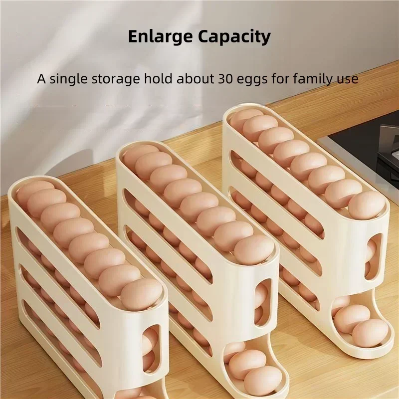 4 Layers Automatic Rolling Egg Holder Rack Large Capacity Organizer Storage Box for Refrigerator Egg Dispenser 30 Eggs