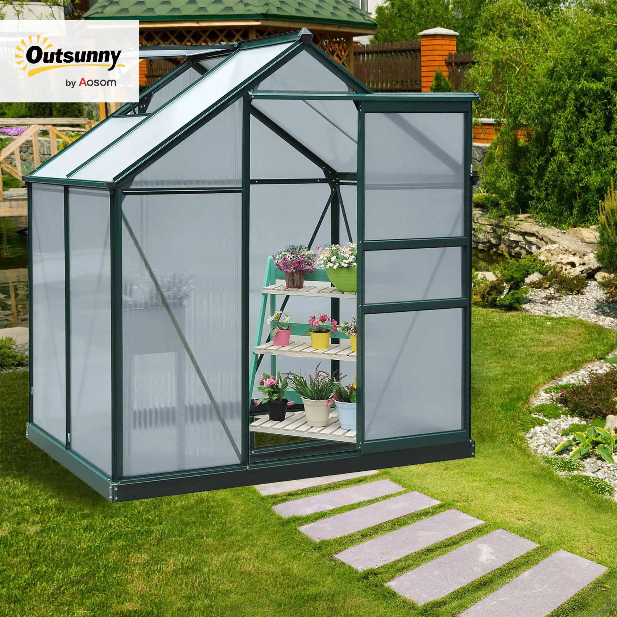 6 x 4 FT Walk-in Polycarbonate Greenhouse for Outdoors Dark Green
