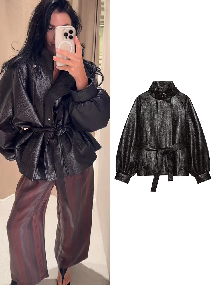 TFMLN Women's Retro Jacket Chic Oversized Belted Pu Leather High Stand Collar Zip Up Coat Fashion Solid Street Outerwear New
