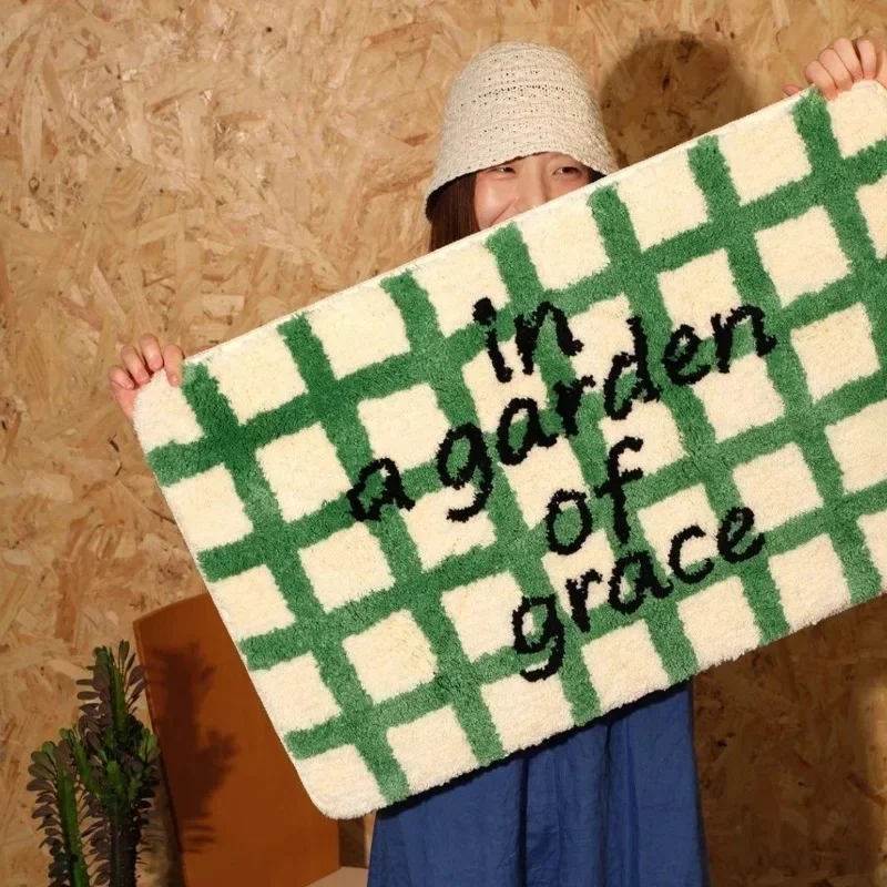 VIKAMA Green Plaid Letter Print Area Rug Non‑slip Soft Plush Text Floor Mat For Bedroom Bedside Home Decor