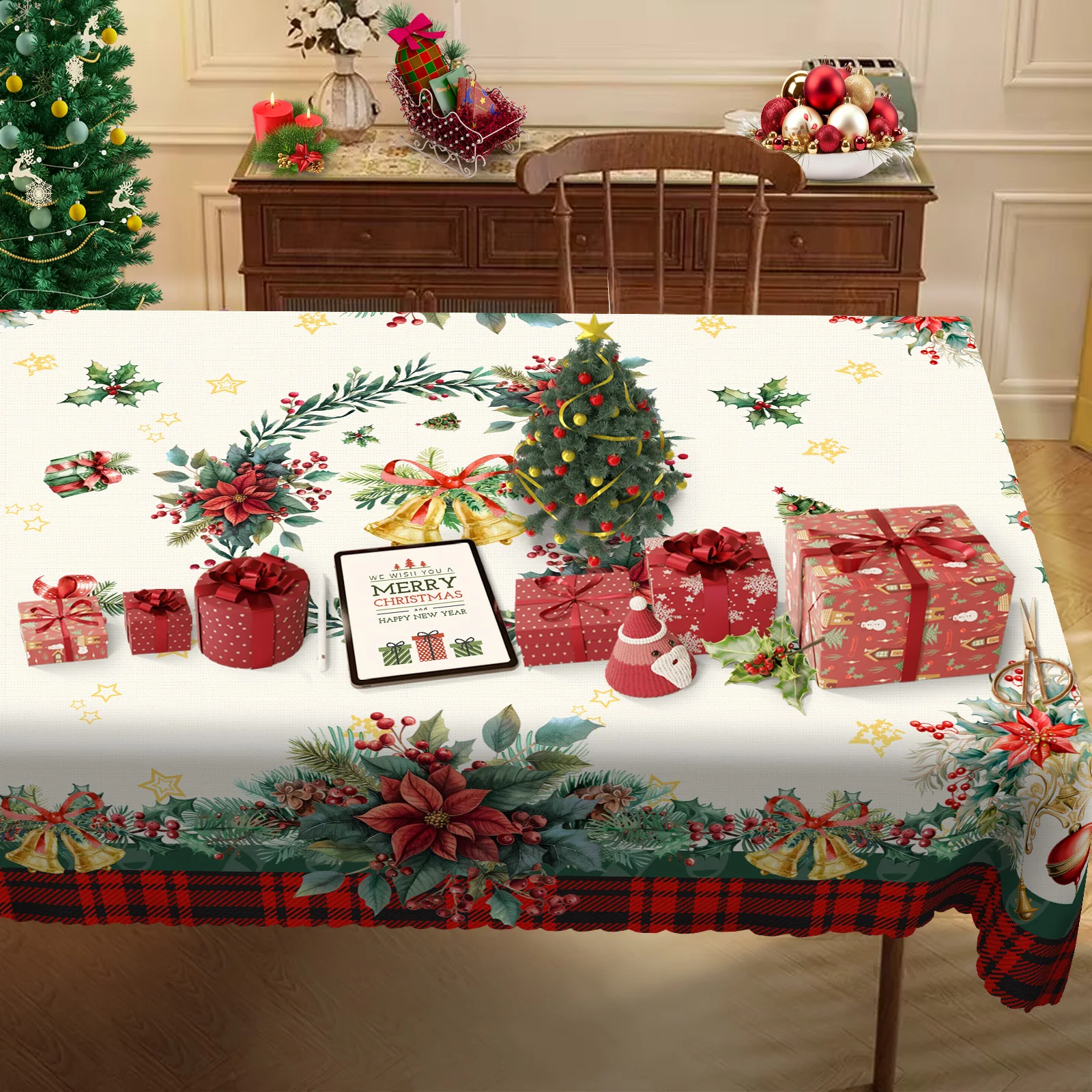 Christmas Rose Themed Tablecloth, Luxurious and Beautiful Bells and Christmas Balls, Christmas Roses, Beautifully Packaged Gift Box with Bow, Delicious Berries, Twinkling Star Print Pattern, Embossed Edge Craftsmanship, Waterproof, Wrinkle-Resistant, Fade-Resistant, Round and Rectangular Options Available, Suitable for Indoor and Outdoor Dining Tables in Winter, Perfect for Home Kitchen, Restaurant, Terrace, and Courtyard Use, Holiday Party Decoration, Perfect Christmas Gift Sj048