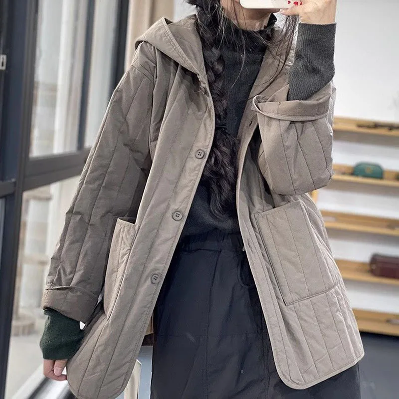 

2026 Women Loose Casual Medium To Length Outerwear Female High End Foreign Trade Export Cotton Padded Thick Hooded Cotton Jacket