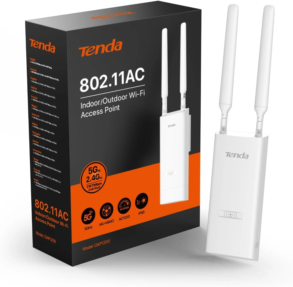 Punto de Acceso Wi-Fi para Exteriores de Doble Banda Tenda AC1200 (OAP1200), MU-MIMO, Resistente al Agua IP65, Alimentado por PoE, Ideal para Jardín y Garaje
