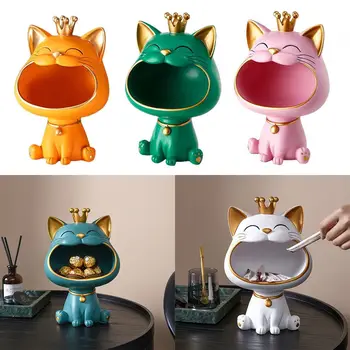 Lucky Cat Statue Sculpture Resin Cat Figurine Storage Box Modern Living Room Desk Home Decor