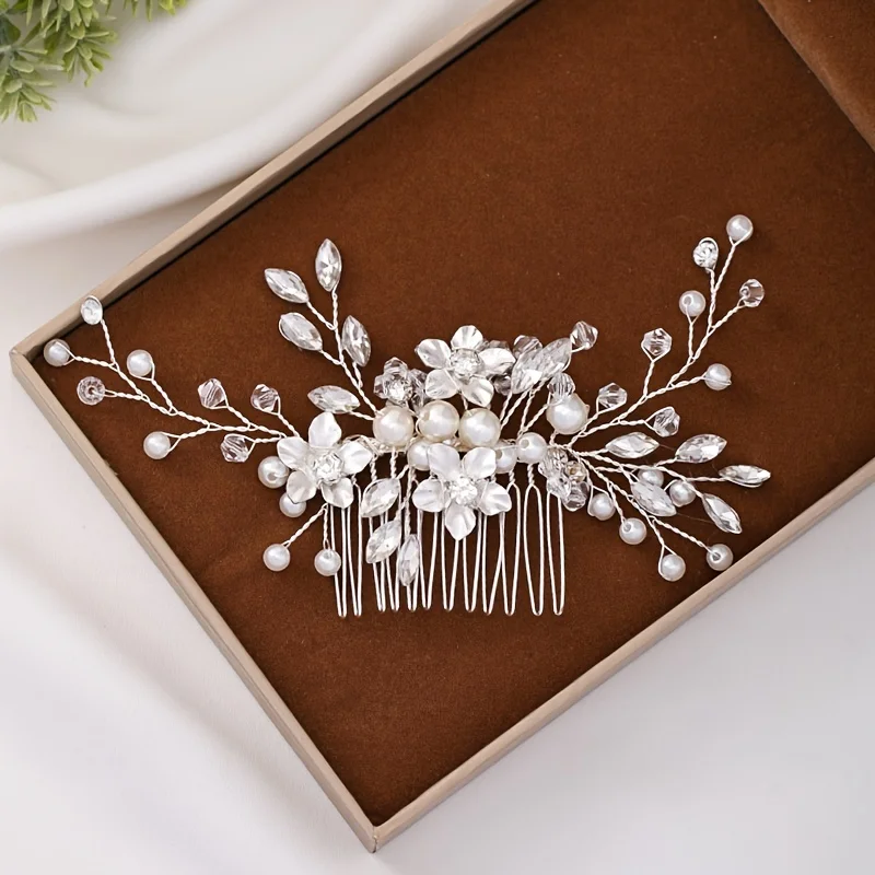 Handmade Silver Color Flower Hair Comb Pearl Rhinestone Flower Hair Accessories For Women Bride Wedding Accessories Tiara