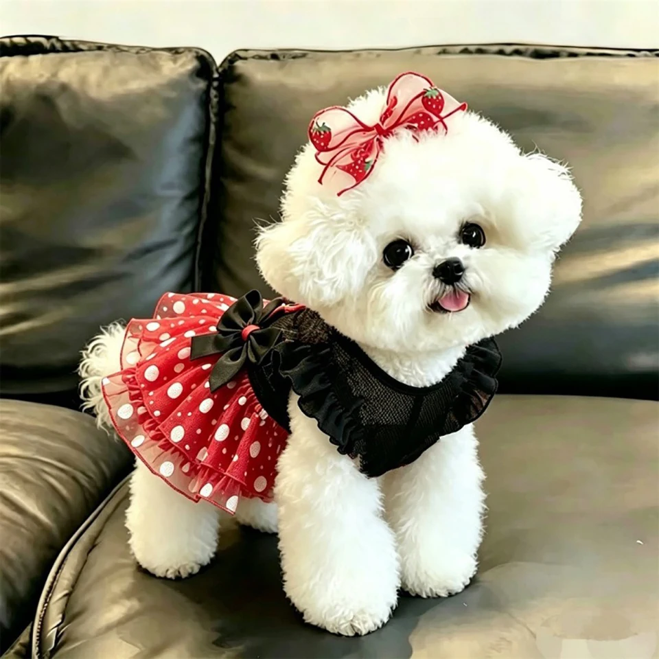 Süßes Sommer-Hundekleid, Niedliche Polka-Dot-Haustierkleidung, Prinzessinnen-Schleifenkleid, Netz-Trägerkleid für Teddy-Haustierbedarf – Detail 1
