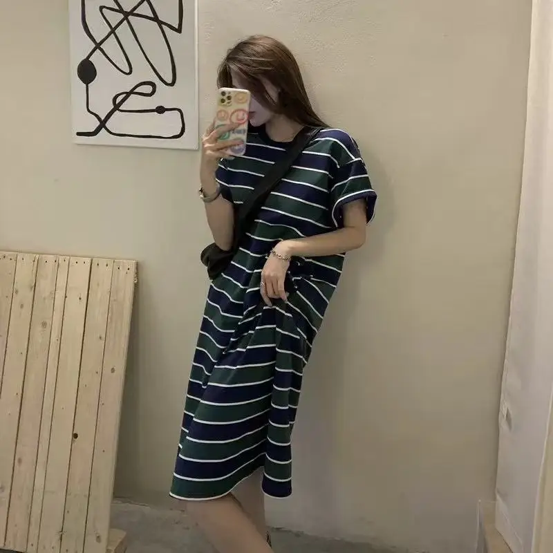 Loose Oversized Short Sleeve T-Shirt Dress Korean Style Personalized Hong Kong Style Design Sensation Mid-Length Slit Skirt
