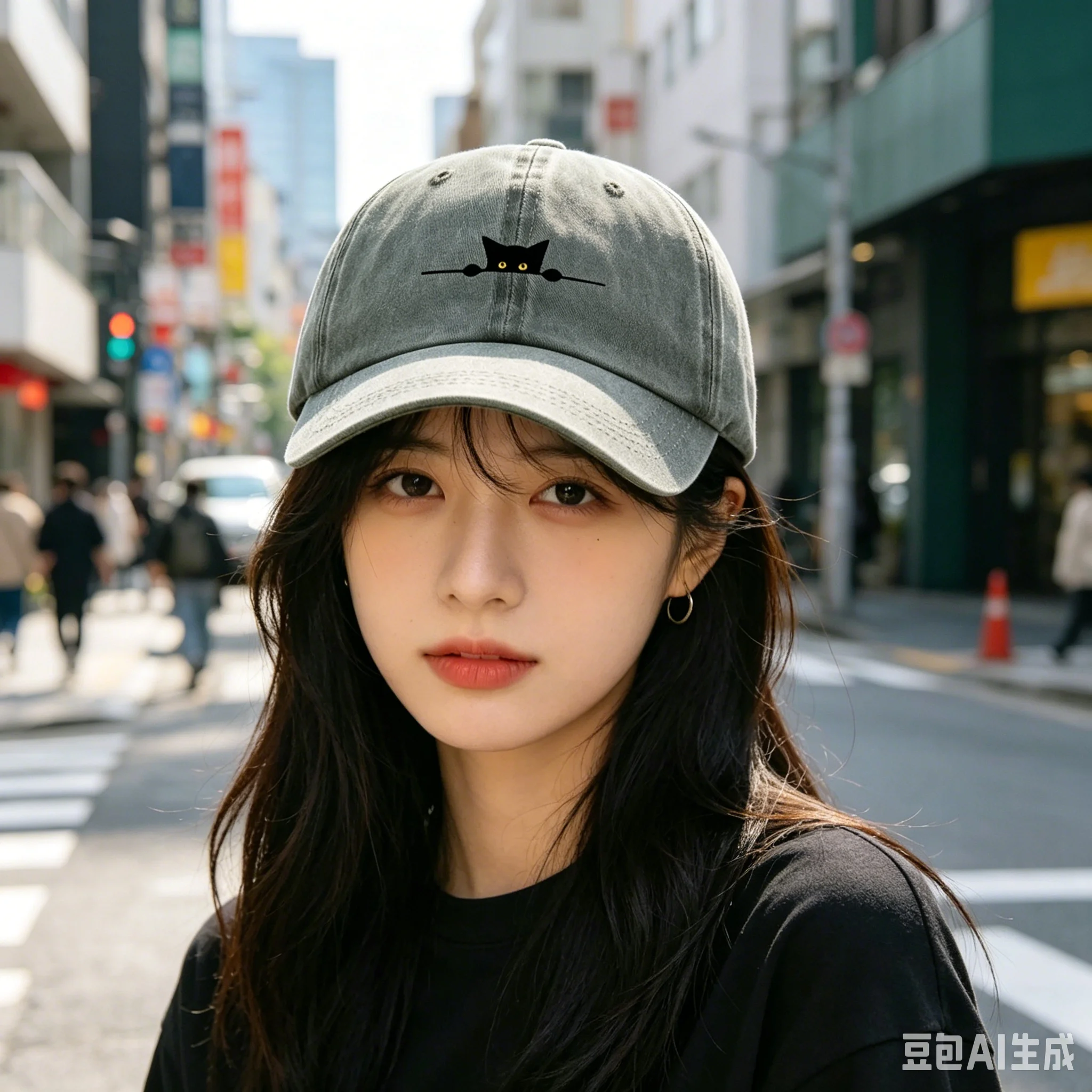 

Dark Academia Aesthetic Peeking Black Cat Print Dad Hat, Vintage Sage Green Baseball Cap for Cottagecore Casual Streetwear Kids