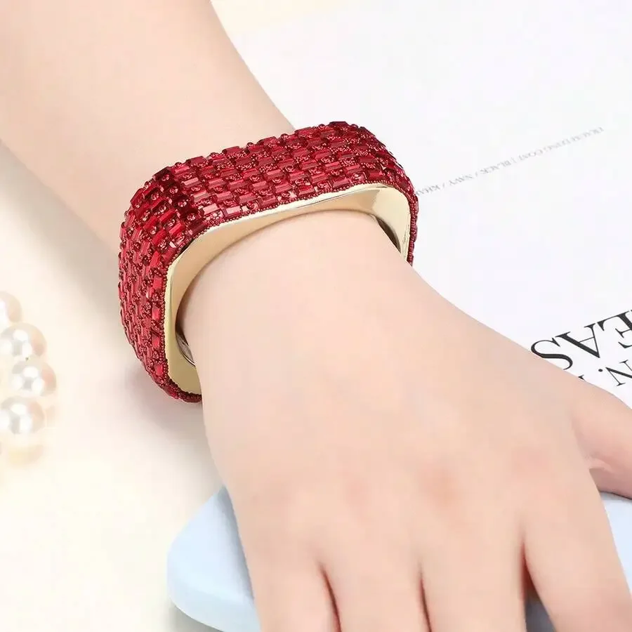 

Wide Red Crystal Cuff Bracelet For Women Fashion Statement Jewelry