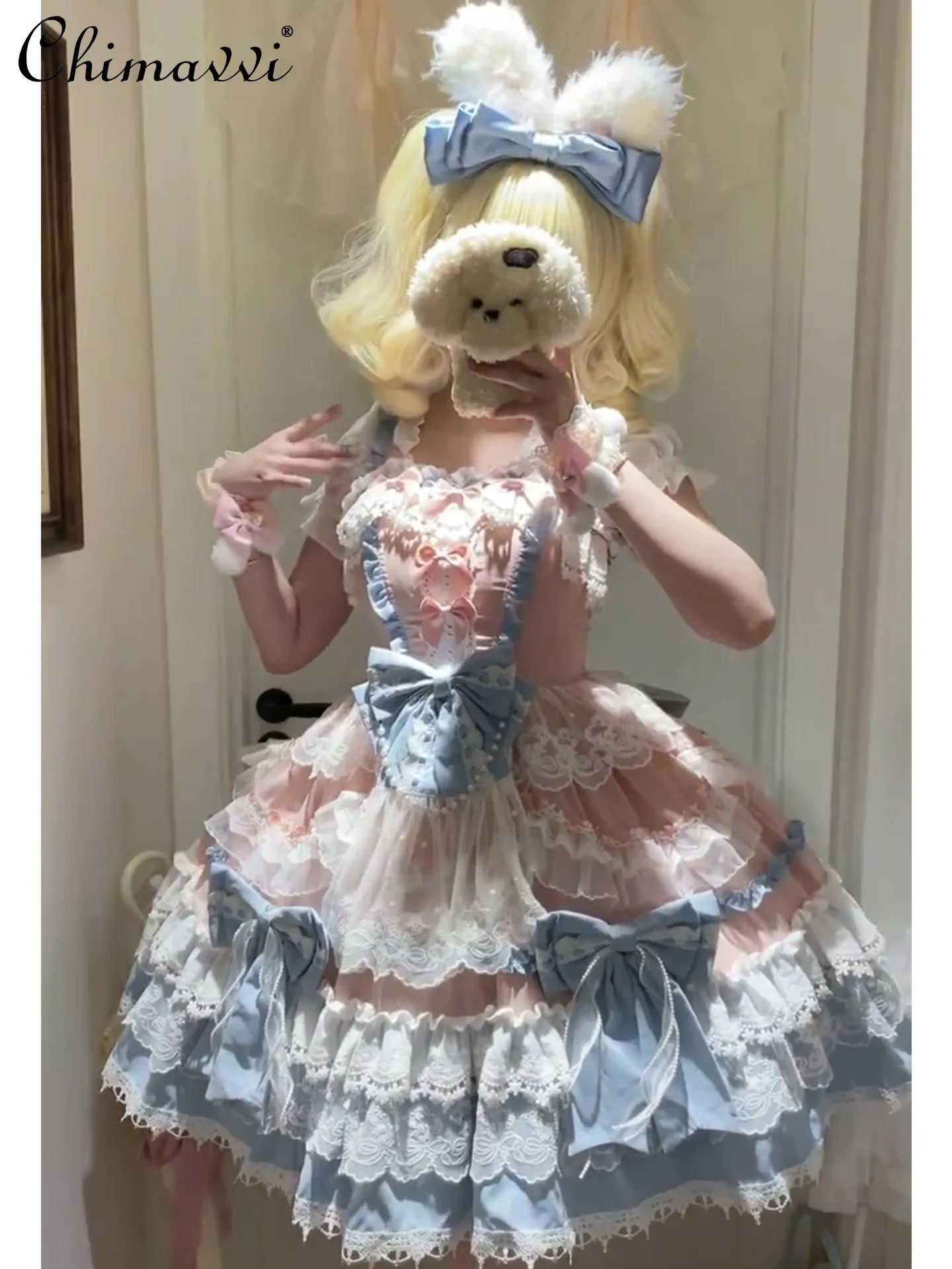 

Blue and Pink Girl Lolita Dress Doll Large Tail Gorgeous Jsk Dress 2026 New Heavy Lace Sweet Bows Elegant Princess Dress Women