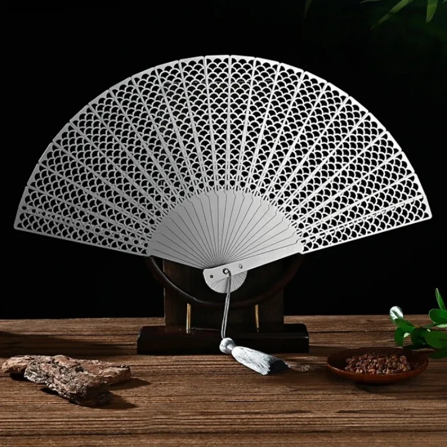 Chinese Style Refined Steel Ancient Hollow Self-defense Kung Fu Tai Chi Portable Metal Stainless Steel Folding Fan Home Decor