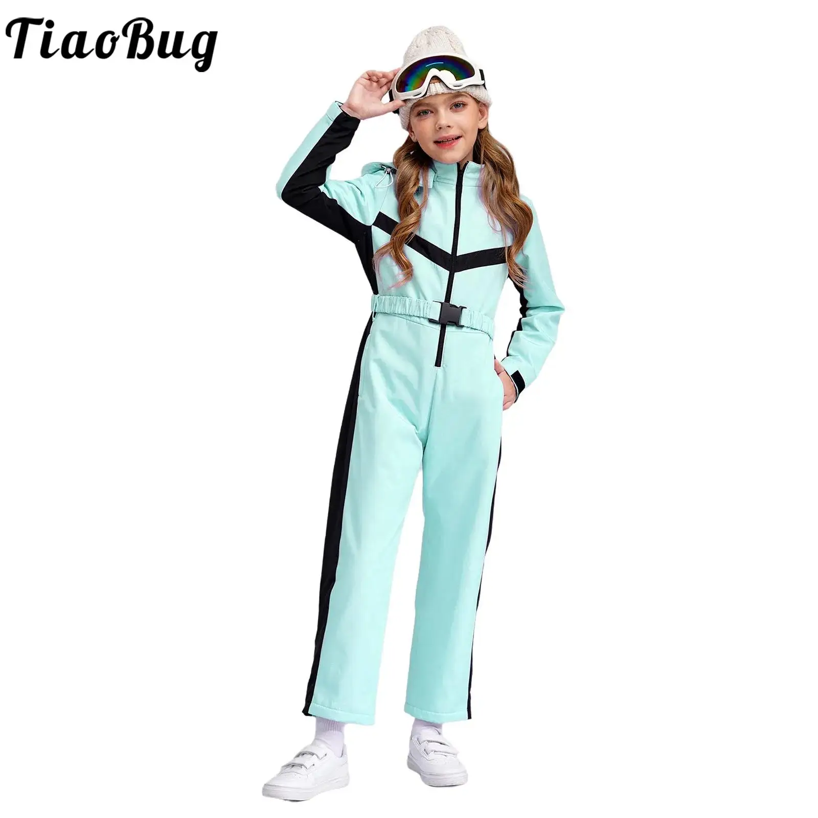 Girls Ski Suits Removable Hooded Skiing Jumpsuit Waterproof Snowsuit with Belt Winter Outdoor Snow Sports Snowboard Coveralls