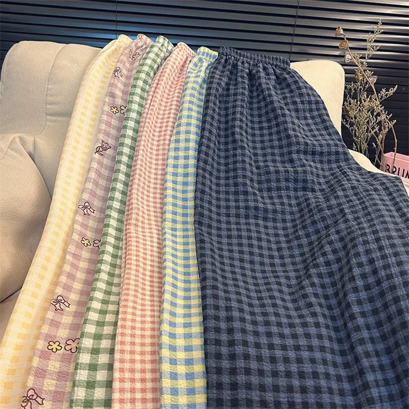 

Высокие и удлиненные клетчатые спальные брюки для женщин весенне-осенние прогулочные брюки Зеленые повседневные свободные удлиненные домашние брюки