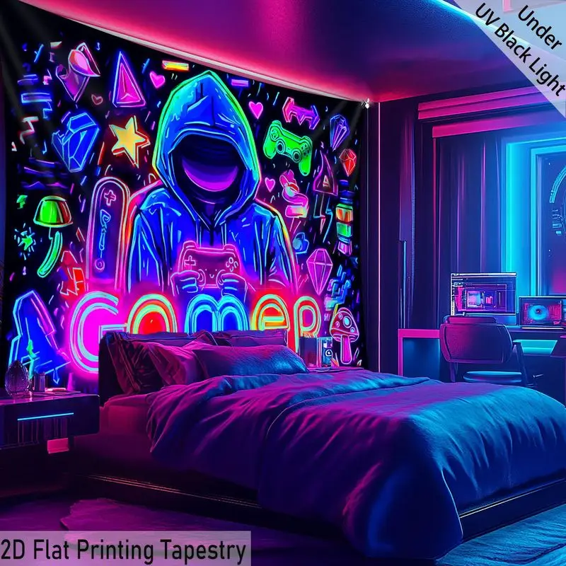 VIKAMA Neon Hooded Gamer GAMER Graffiti Tapestry Background Hanging Cloth Trendy Room Decoration
