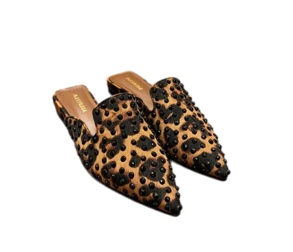 Women's Leopard Print Rhinestone Pointed Toe Flat Mules Closed Toe Open Back Slippers Commute Outdoor Shoes