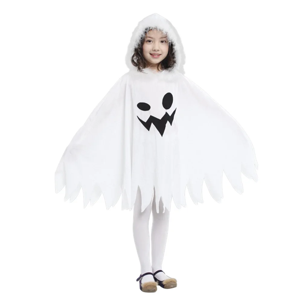 Costume da strega di Halloween per bambini con colletto in pelliccia bianca Abito da spirito bianco spettrale Mantello da fata giocoso