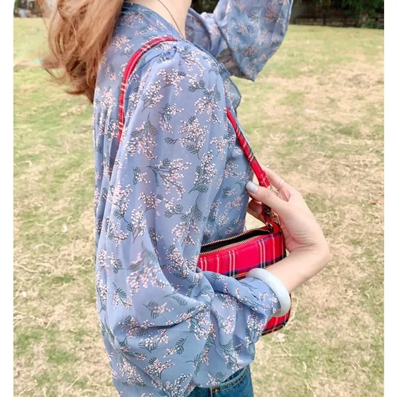 Sweet Chiffon Blouse for Women, Puff Sleeve, Korea Women Tops and Blouses, Cardigan, Floral Print Shirts, Spring Summer, 10314