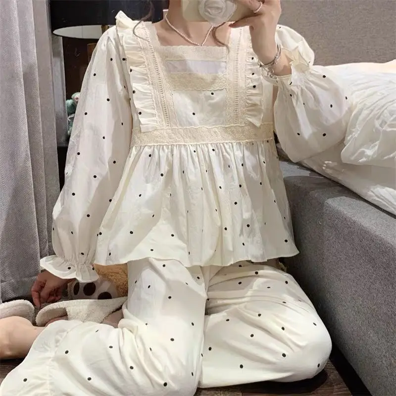 Polka Dot Sleepwear Women Pajama Sets Ruffles Piiama Korean Pants Sets 2 Pieces Square Collar Night Wears Autumn Home Suit New