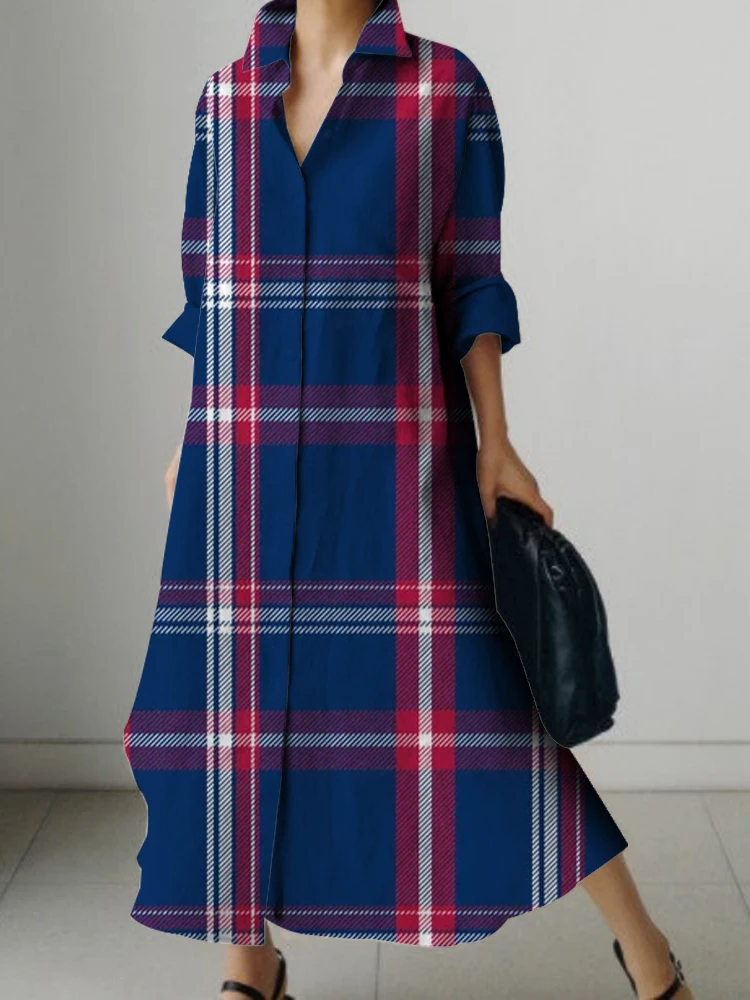 New Long Sleeve Shirt Dress Ladies Plaid Print Design Dress Elegant Beautiful Evening Gown Deluxe Dress For PROM Spring/Summer