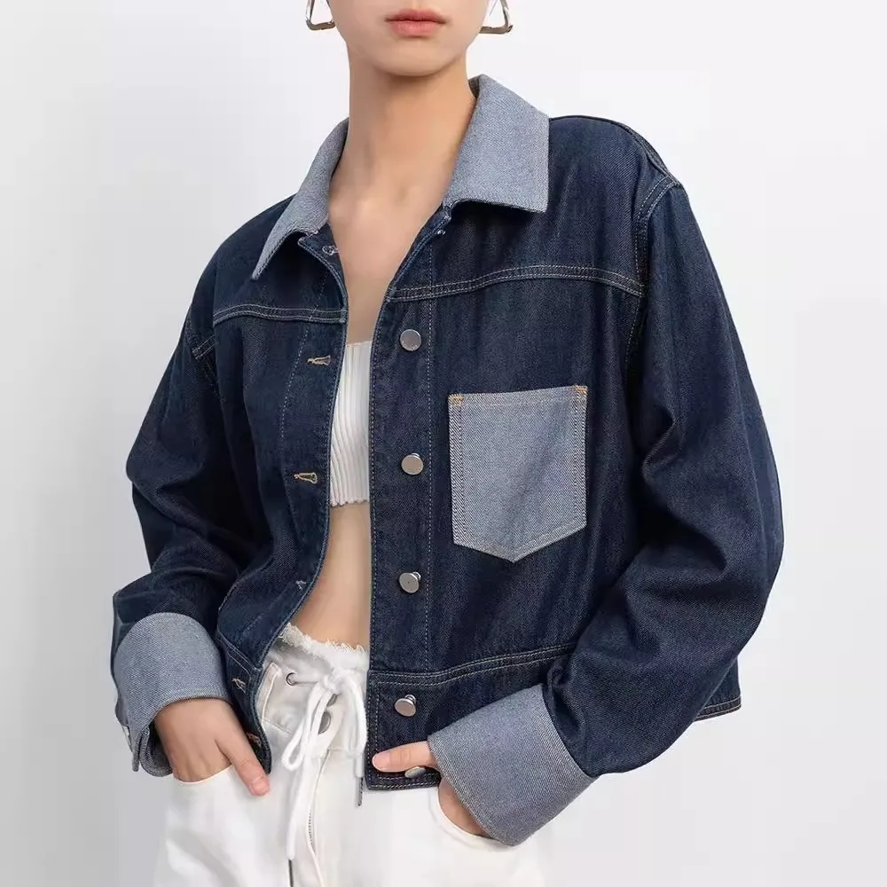 

Spring and Autumn New Retro Design Contrasting Color Workwear Denim Jacket Short Loose Top Jacket for Women