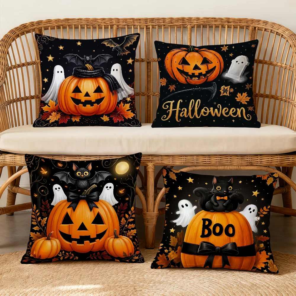 Halloween Pumpkins Ghosts Bats Cushion Cover Square Decorative Throw Pillow Case Sofa Bed Living Room Anniversary Gifts