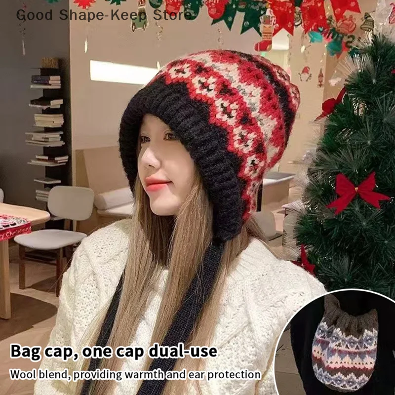 Striped Spliced Knitted Brimless Hat Ethnic Retro Style Woolen Hats Thickened Warm Resistant, Ear Protection Caps, Autumn Winte