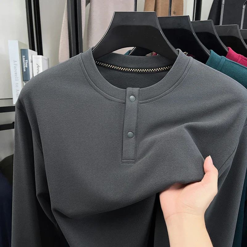Mens Loose Fit Henley Pullover Crew Neck Two Button Long Sleeve Soft Thermal Cloth Daily Commute Casual Apparel - view 3