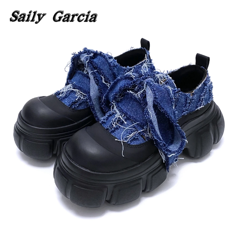 

Retro Denim Navy Blue Waterproof Platform Ankle Boots Rock Punk Style Non-Slip Lace Up Casual Shoes Round Toe Modren Derby Shoes